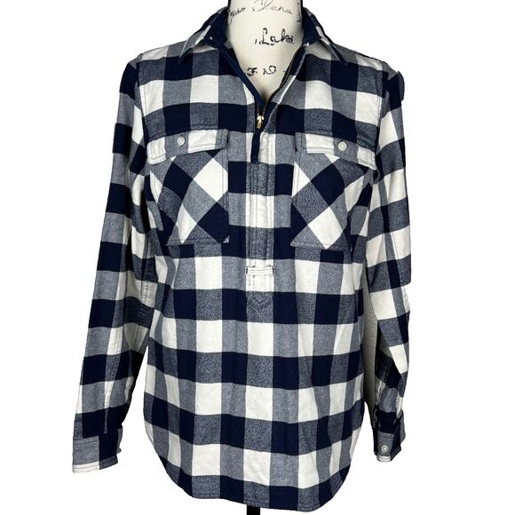 J. Crew Tops - J.Crew Sz XS Long Sleeve Flannel Half Zip Pullover Navy & White Plaid E4424